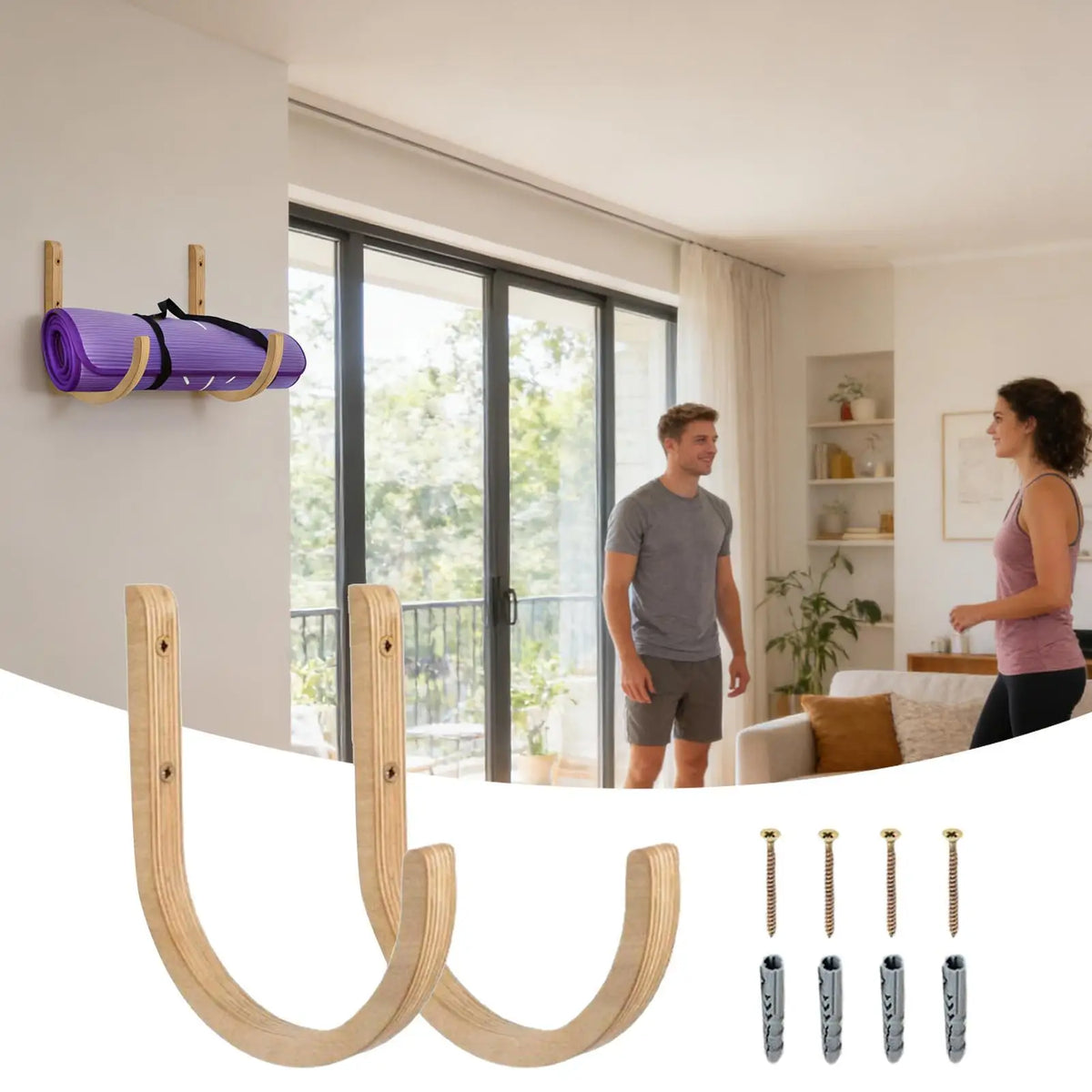 support mural porte yoga bois clair moderne vis cheville tapis mousse ceinture serviette