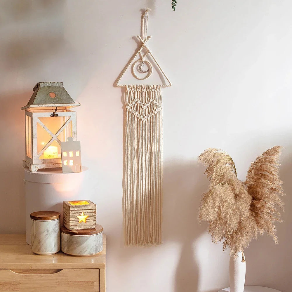 décoration murale macramé bohème tresses noeuds franges cœur lune étoile