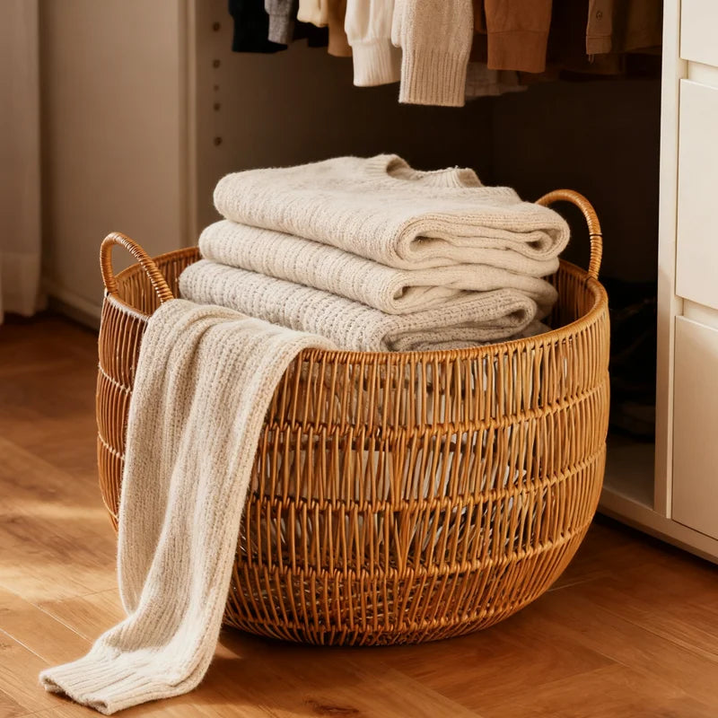 panier rond tressé marron clair bohème rangement chambre salon articles divers respectueux environnement