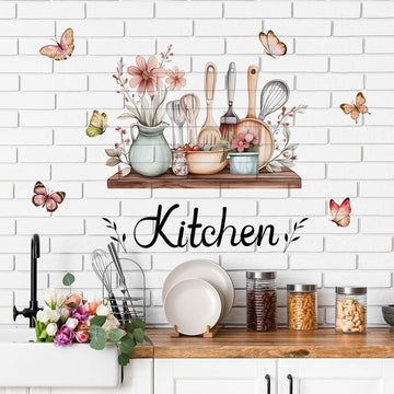 sticker mural fleurs ustensiles cuisine papillons multicolore illustration adhésif chambre cuisine