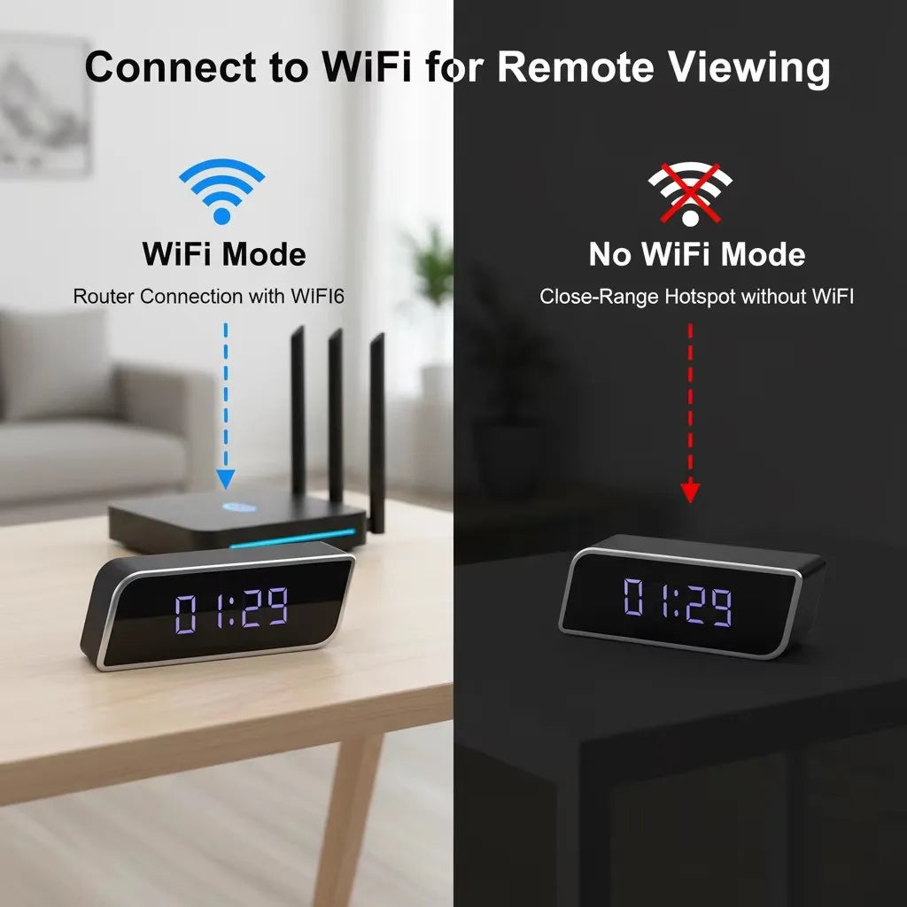 caméra horloge numérique full hd wifi vision nocturne batterie microsd noir bleu moderne