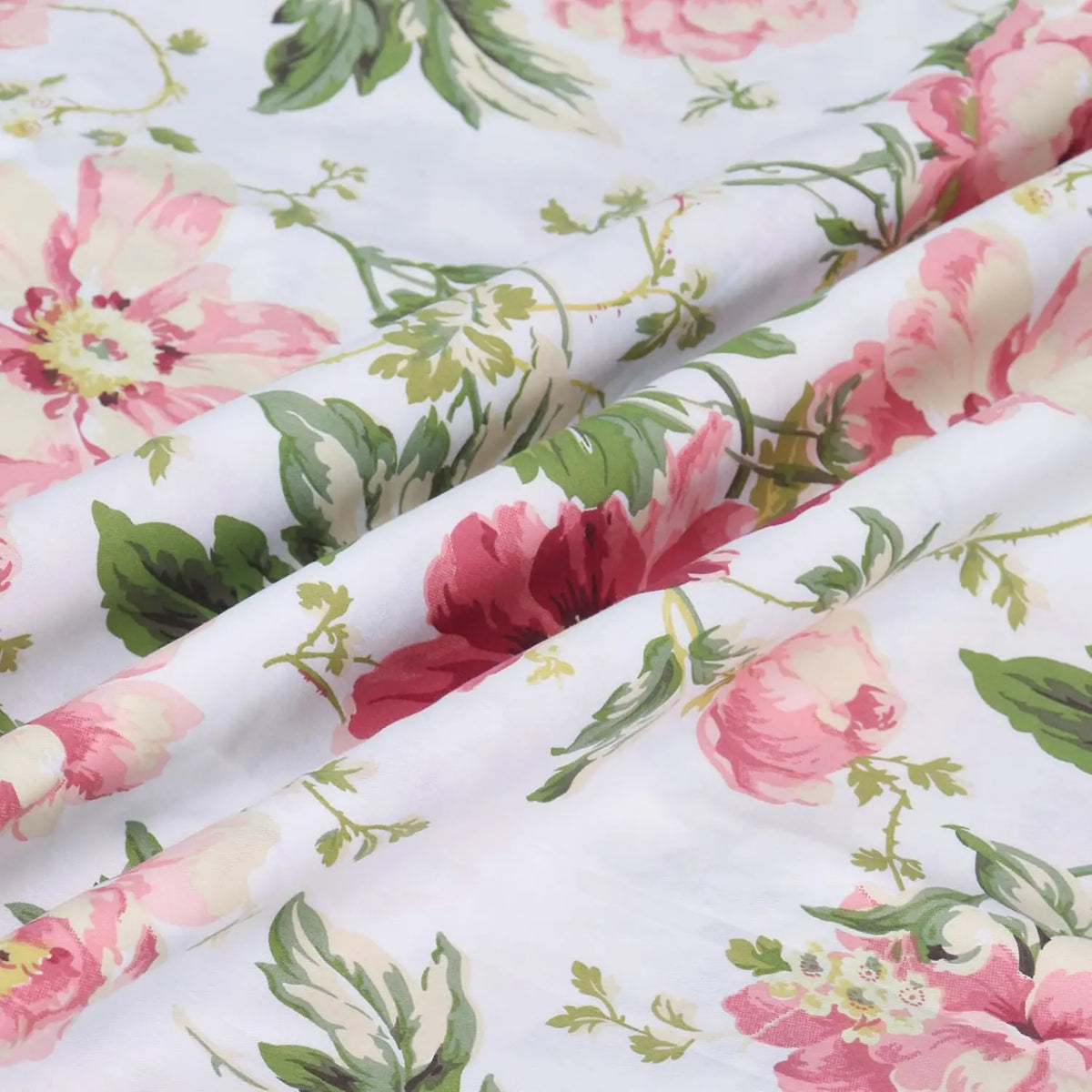 drap plat imprimé fleurs roses vertes fond blanc lit adulte simple classique polyester