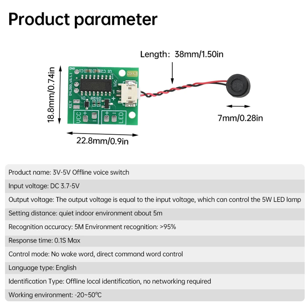 module commande vocale basse tension vert circuit imprimé microphone connecteur led protection inversion polarité