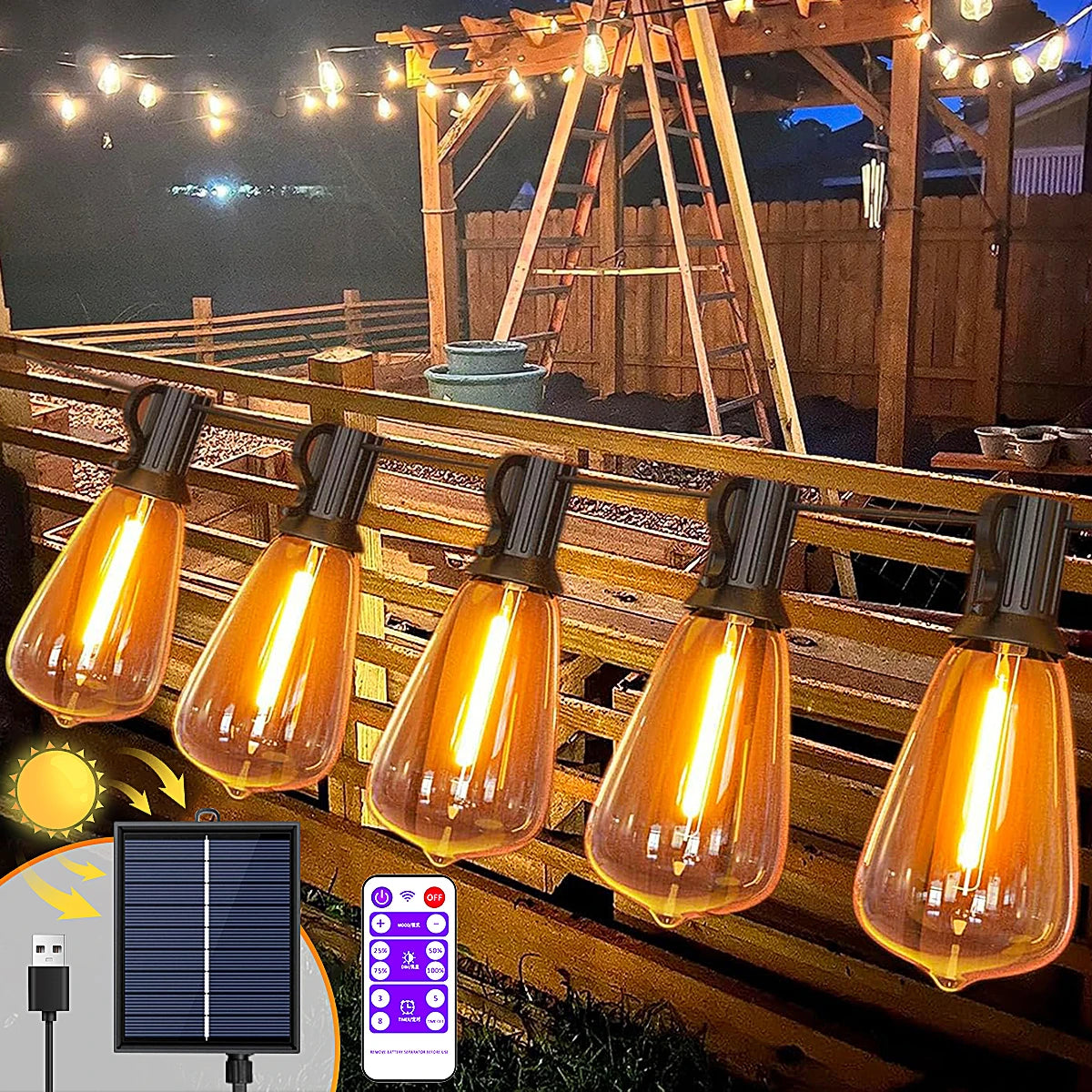 guirlande lumineuse solaire transparente jaune doré conique vintage clips extérieur patio jardin 9.5m 12m