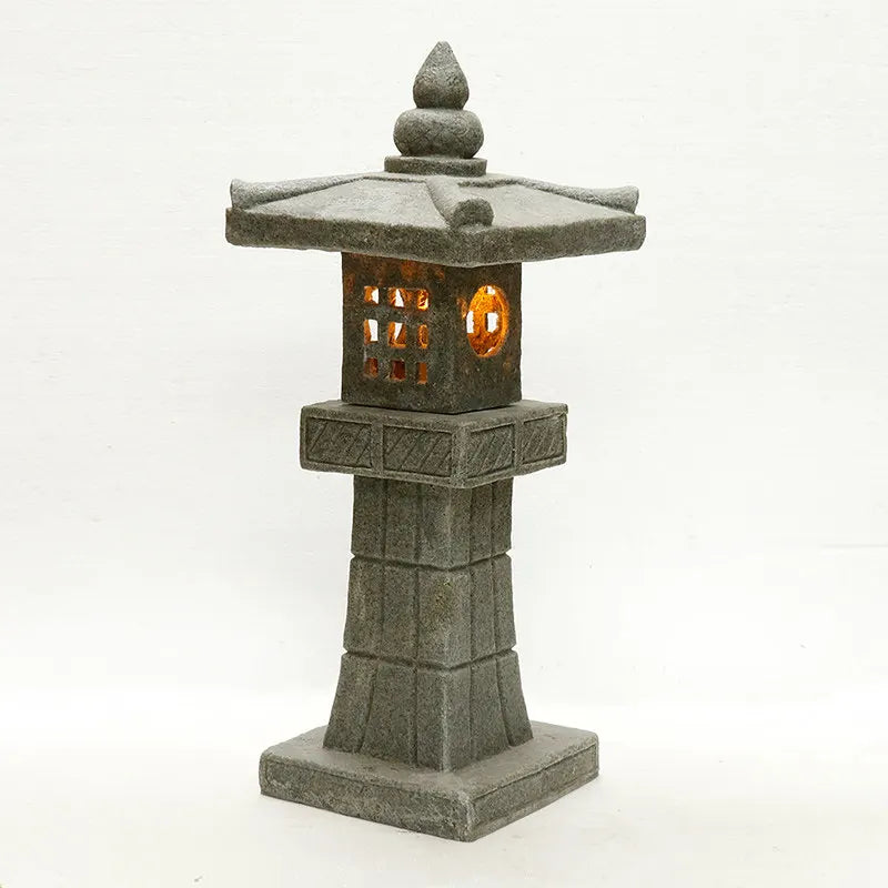 lanterne traditionnelle gris texture granitique motifs géométriques japonais lampe led base solide decoration exterieure