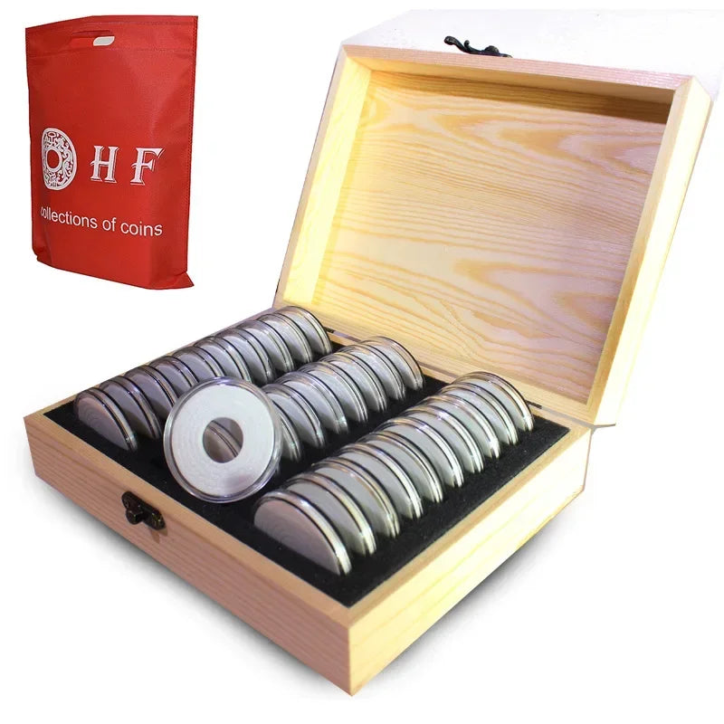 boîte rangement bois pièces monnaie protection transparentes classique étiquettes adhésives collection sécurisée argentées dorées