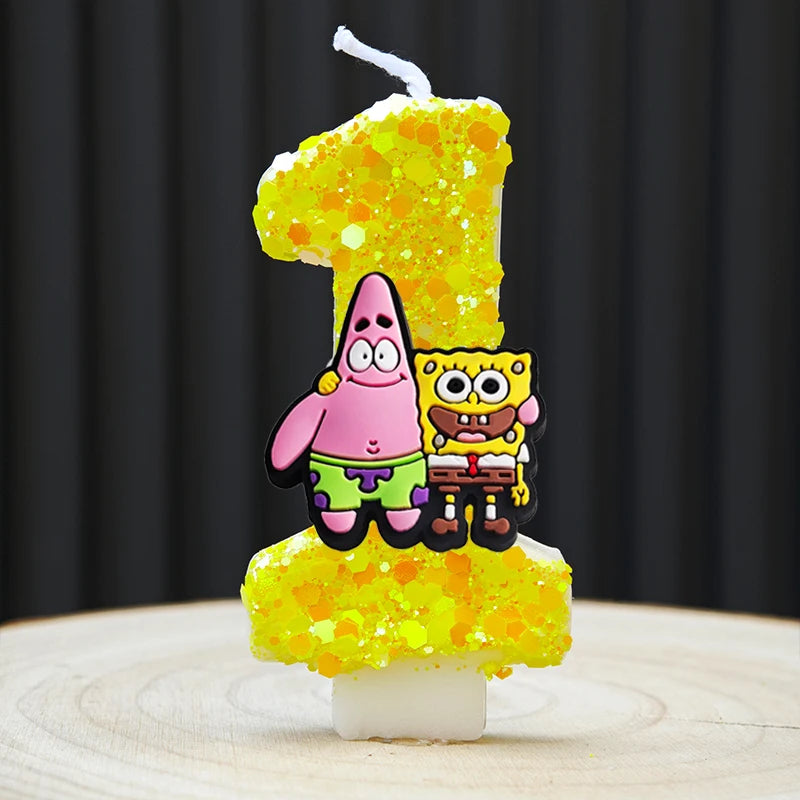bougies forme chiffres spongebob patrick star anniversaire enfant decoration theme cartoon jaune orange blanc