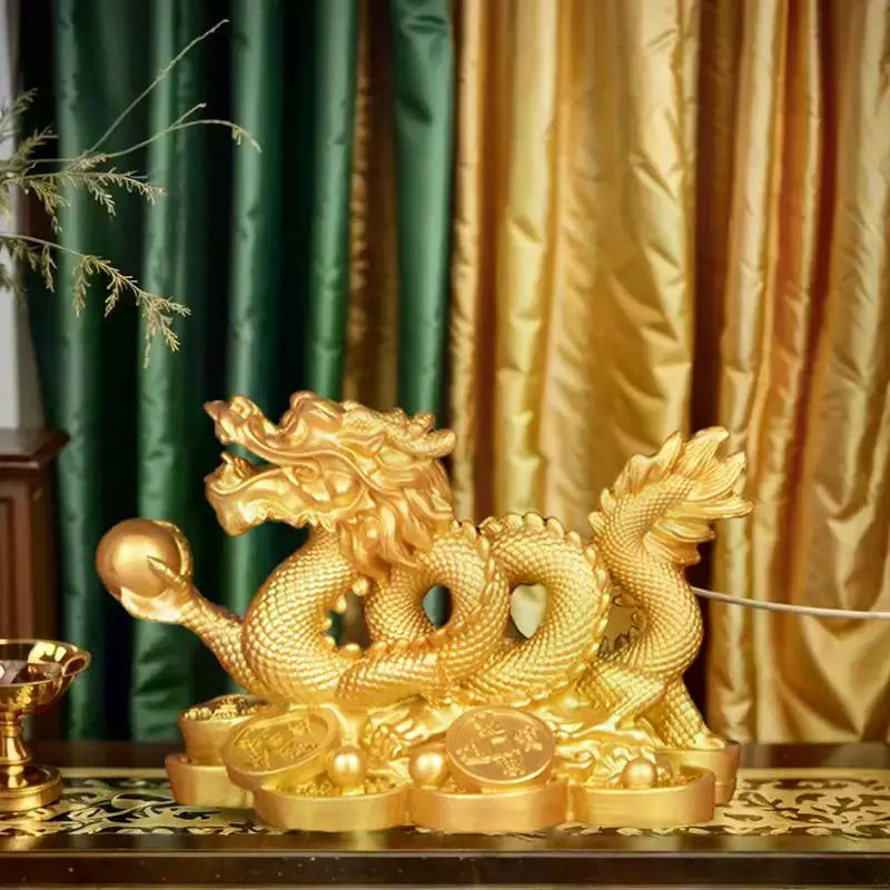 statue dragon or détails sculptés artisanat chinois décoration intérieure porte bonheur feng shui élégance