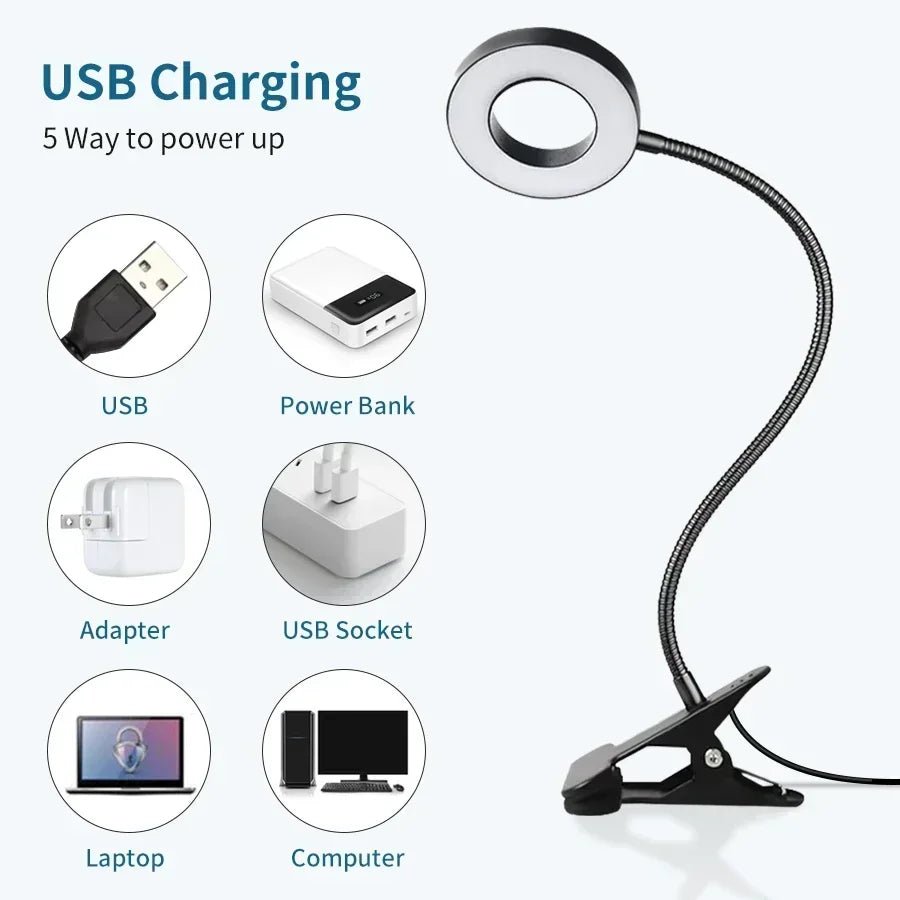 lampe flexible led usb 360° pince protection yeux éclairage lecture étude chambre noire moderne