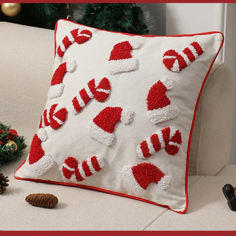coussin noël brodé blanc rouge motifs cannes sucre opacité décoratif zipper