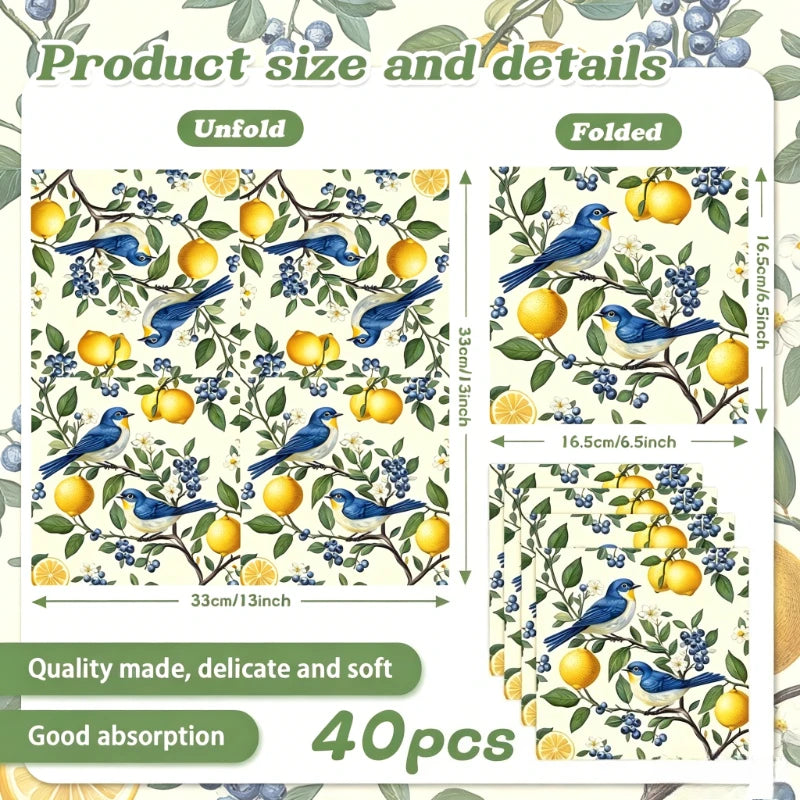 serviettes papier motif oiseaux citrons fleurs bleu jaune vert blanc 20 40 60 pièces