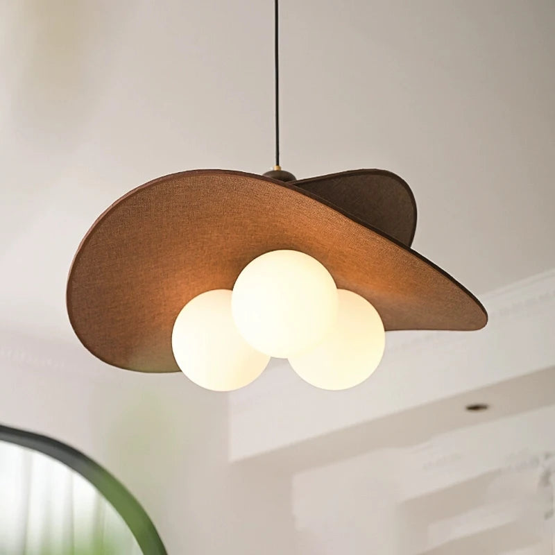 Suspension lumineuse moderne décoration bois abat jour rond globes blancs câble marron doré vintage