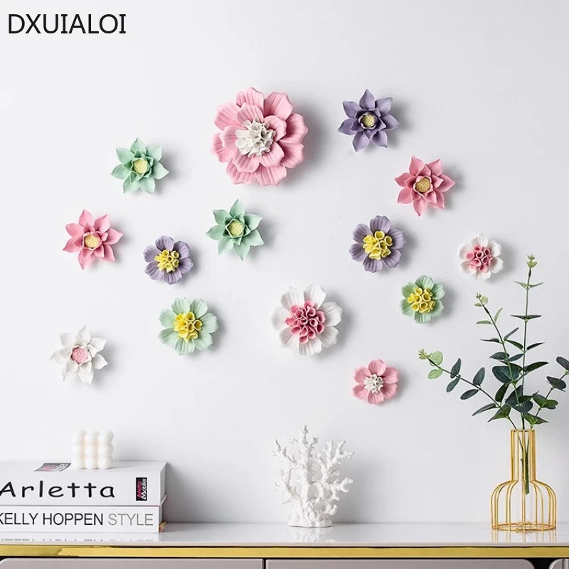 décoration murale fleur céramique moderne vert rose blanc violet feuilles adhésif salon chambre