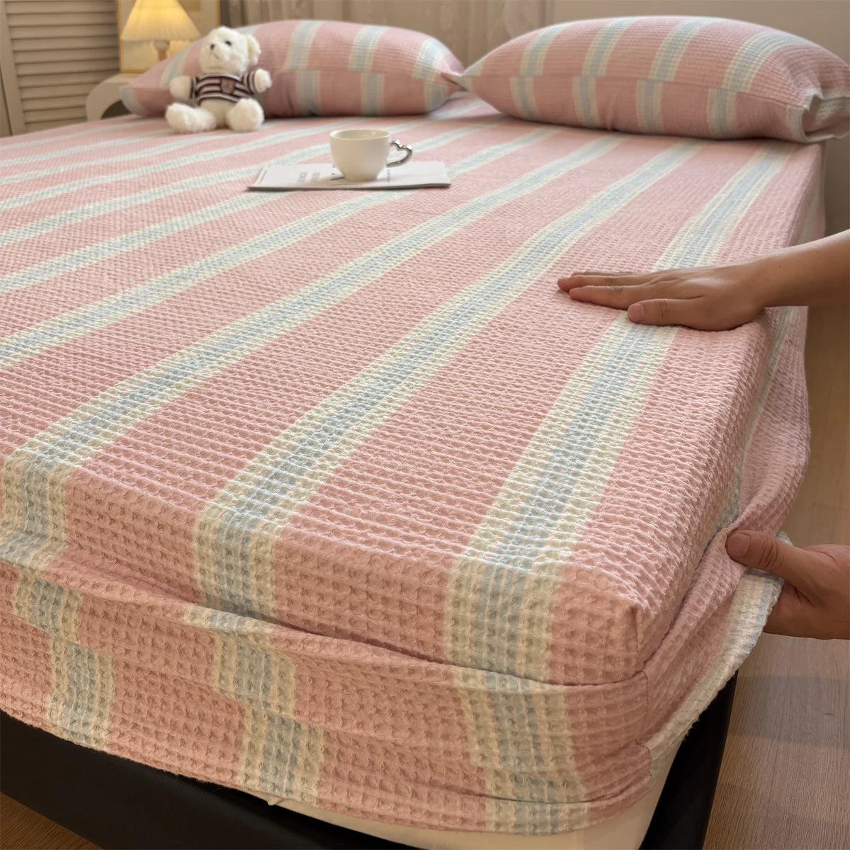 draps housse coton polyester lit adultes rose bleu clair beige rayures horizontales simple opacité