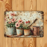 décoration murale métal vintage motif fleurs pots rouille rouge marron vert rustic