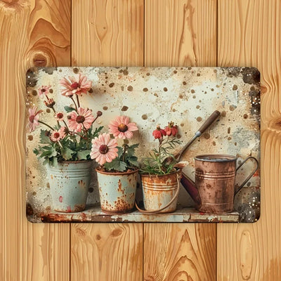 Plaque métal vintage motif floral rouge décoration murale extérieure