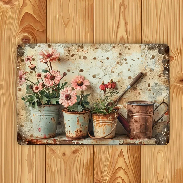 Plaque métal vintage motif floral rouge décoration murale extérieure