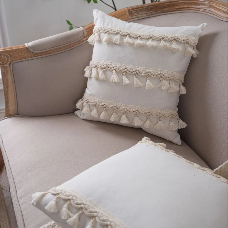 coussin carré bohème franges blanches beige décor maison tissu polyester simple 60x60cm