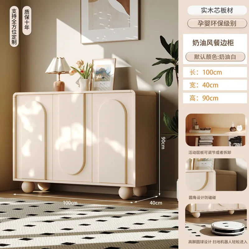 meuble rangement moderne bois motifs géométriques beige clair pieds ronds