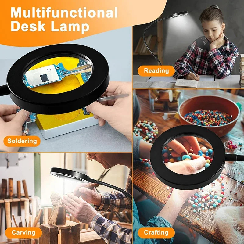 lampe multifonctionnelle loupe 10x clip modes couleurs variateur luminosité led noir moderne