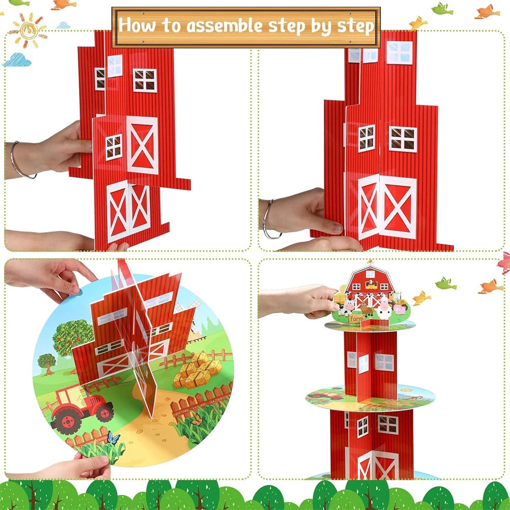 présentoir gâteaux ferme animaux vache cochon mouton imitation bois rose rouge vert jaune blanc