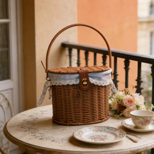 panier pique nique tressé marron clair couvercle ruban poignée cuir classique sortie plein air