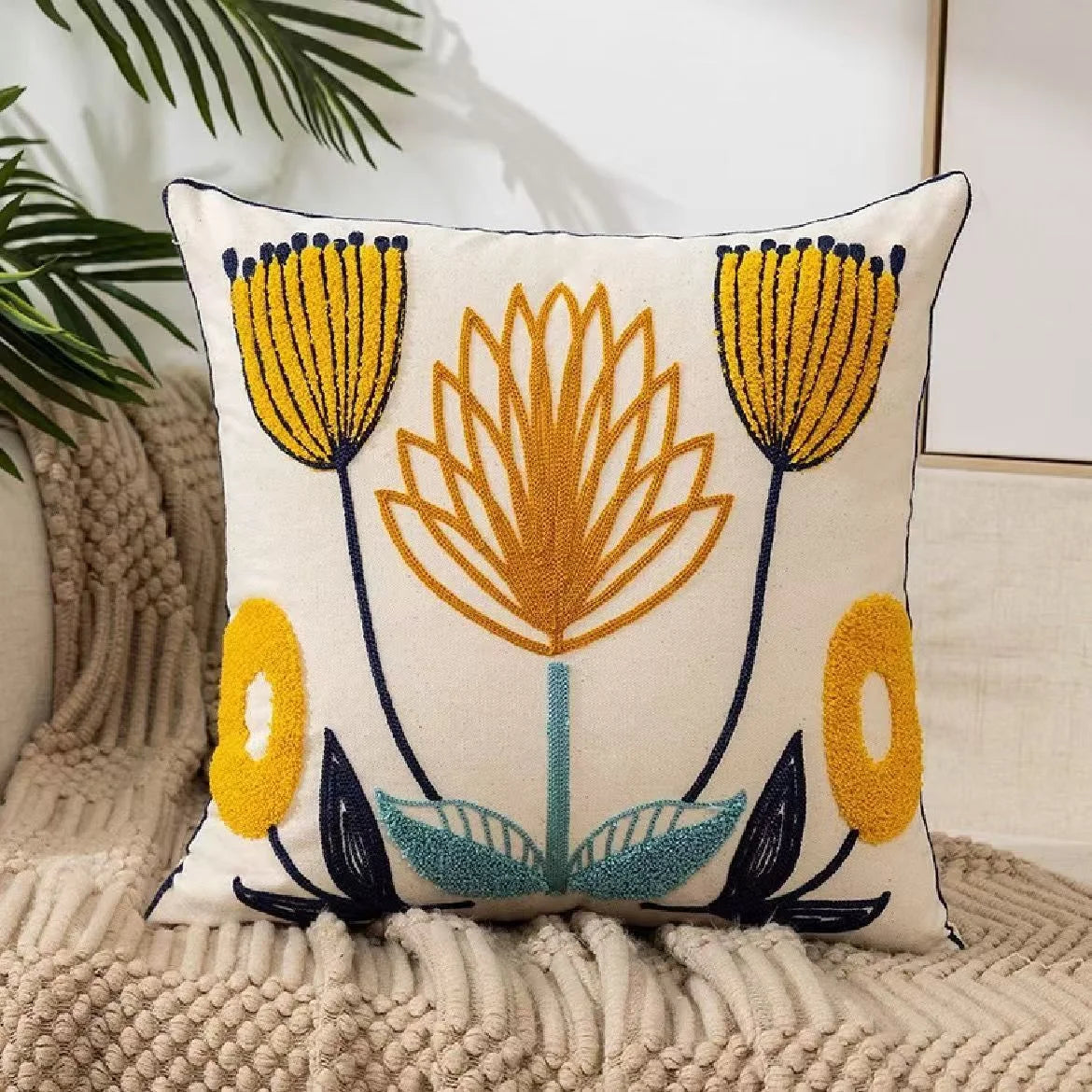 Coussin Carré Coréen Anti Décubitus Coton Polyester Tricot Fleur Brodé Amovible Lavable Moderne