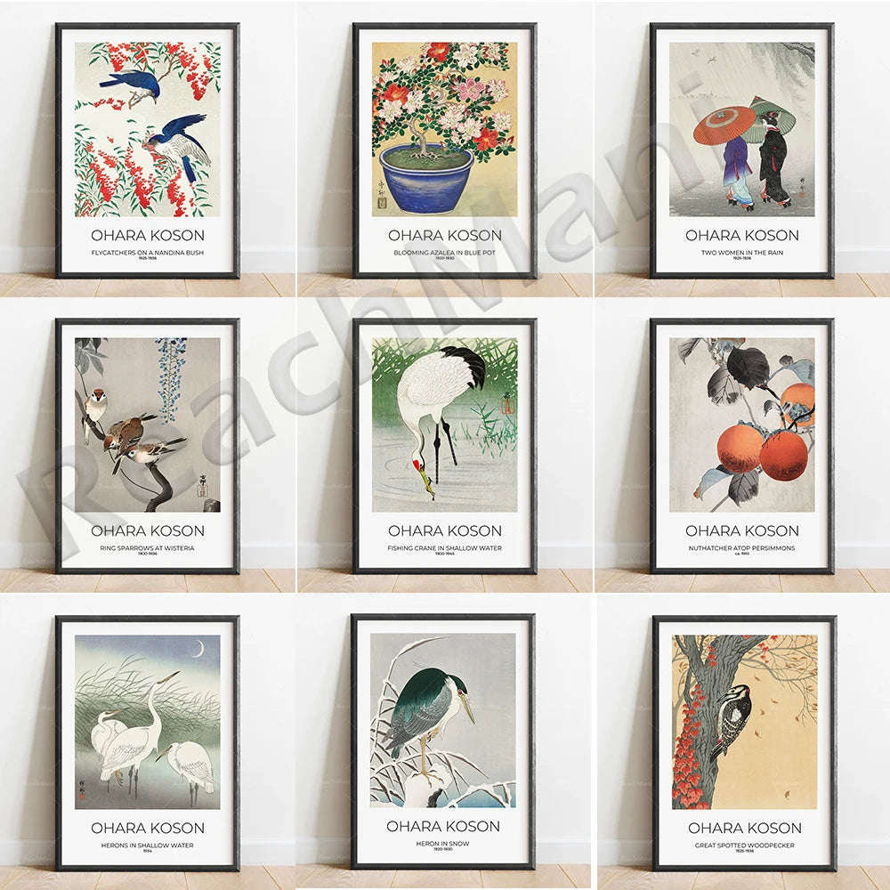 Affiche représentant diverses œuvres d'art japonaises illustrant des paysages, des fleurs et des animaux dans des cadres noirs.