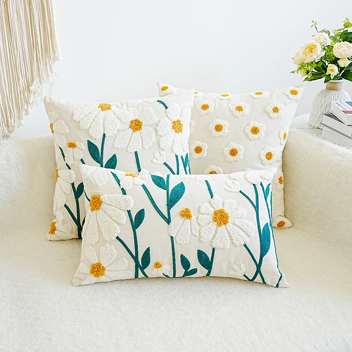 housse coussin brodée fleur blanche marguerite décoration maison salon blanc opacité décorative fixations deux