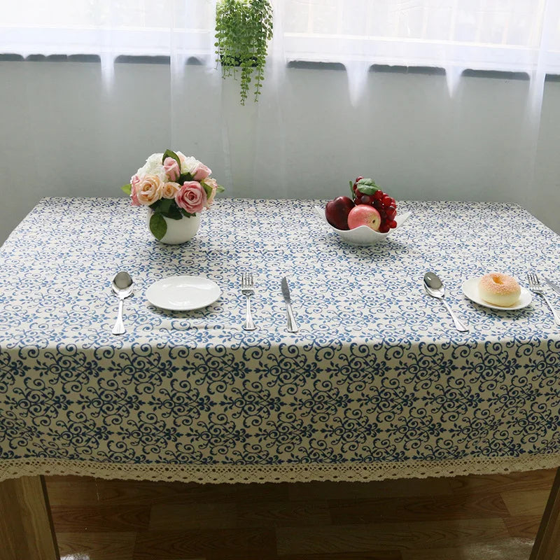 nappe lin bleu blanc motif floral traditionnelle table maison extérieure mariage fête decoration chinois