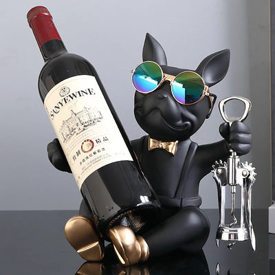 Statue bouledogue français résine gris clair porte-bouteille vin