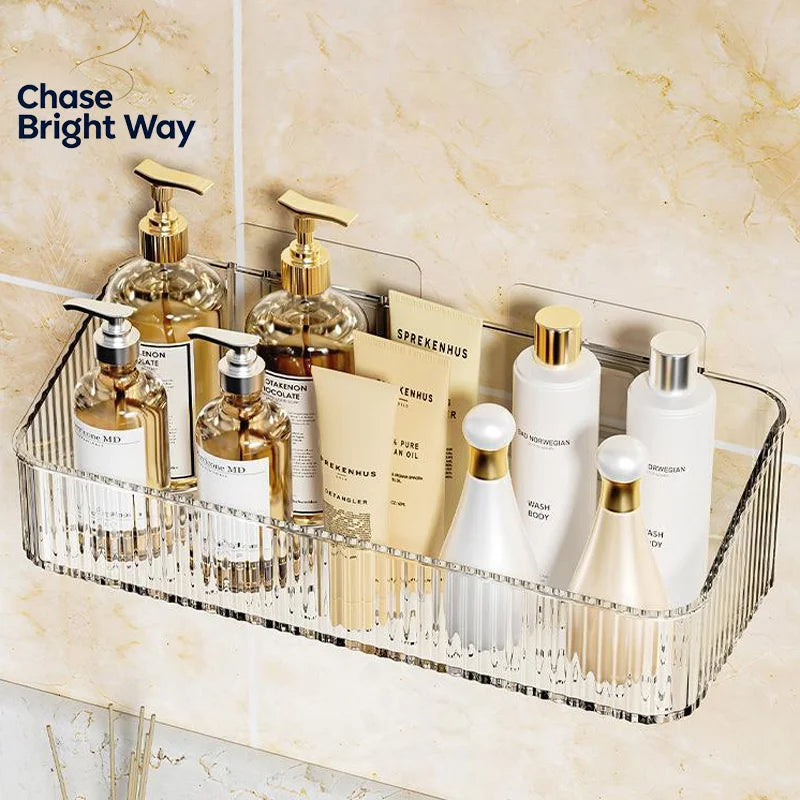 panier rangement mural transparent rayures moderne adhésif brosses dents tubes dentifrice bouteilles cosmétiques boîtes