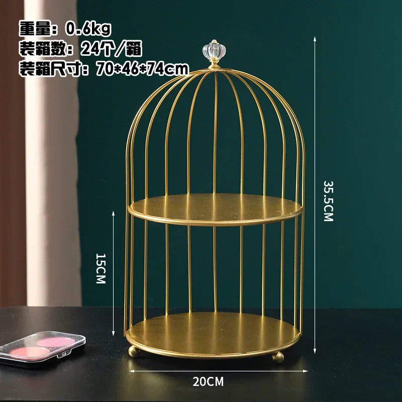 étagère double niveau or rangement cosmétiques parfums cage oiseau pieds dorés