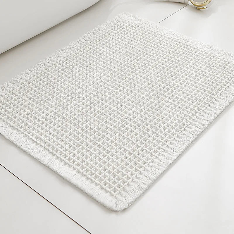 tapis moderne rustique texture carreaux beige clair antidérapant polyester tressé salon bain extérieur