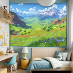 tapisserie paysage montagneux impression numérique polyester décoration murale chambre salon moderne vert bleu blanc