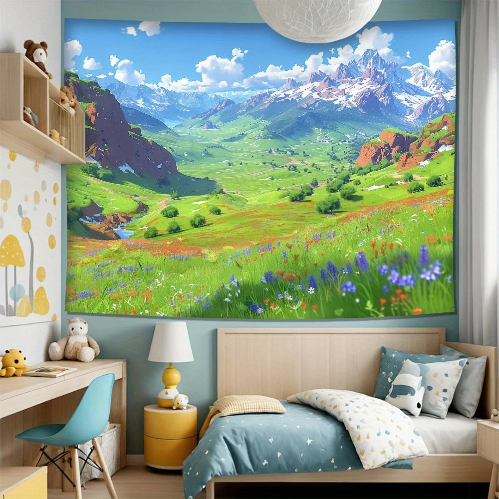 tapisserie paysage montagneux impression numérique polyester décoration murale chambre salon moderne vert bleu blanc