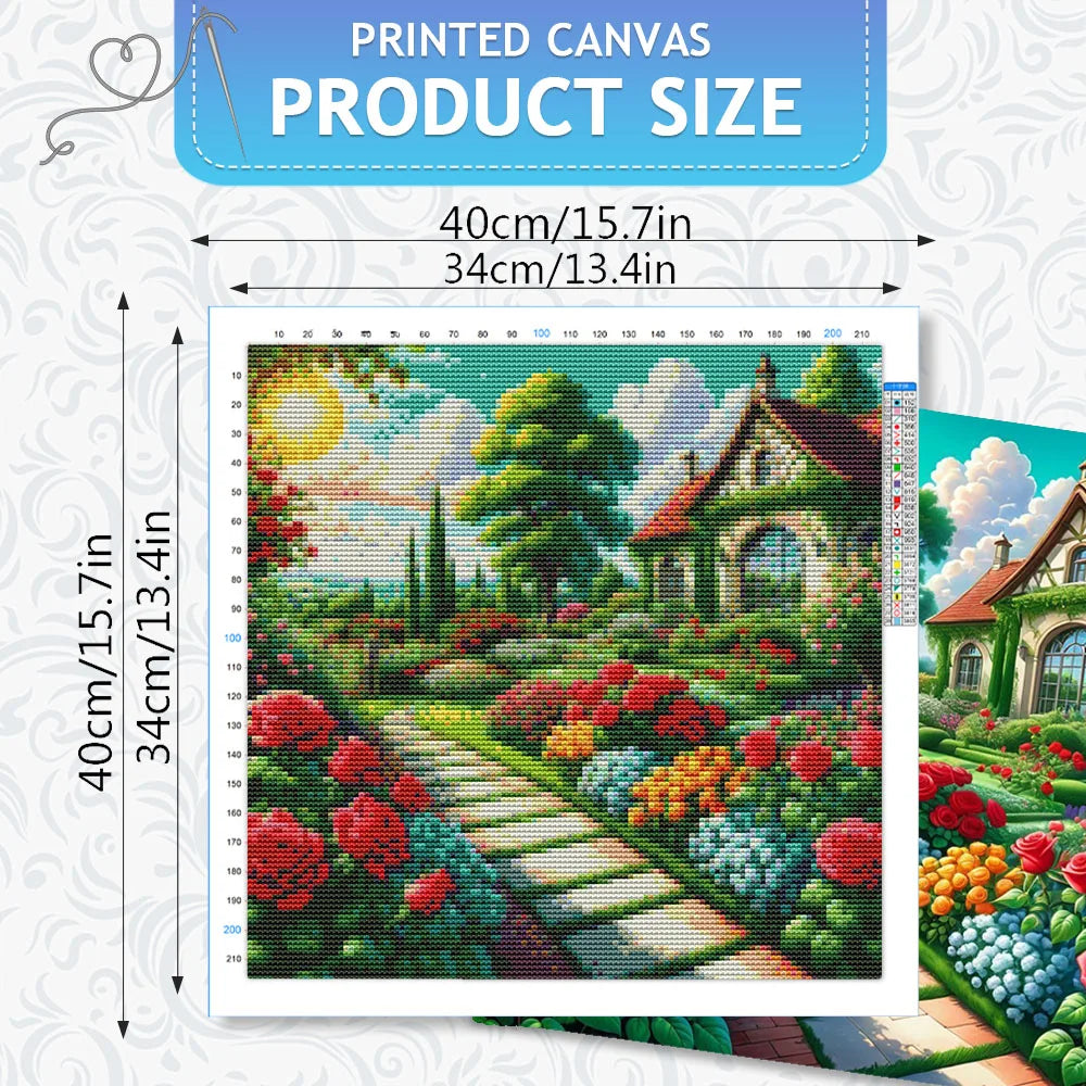 toile imprimée paysagère maison chemin fleurs broderie coton multicolore instructions aiguille fixations cadrepaque