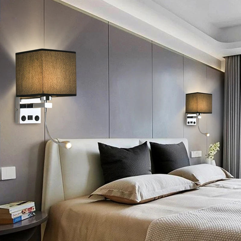 lampe murale moderne led usb interrupteur tissu blanc beige noir