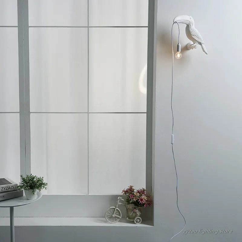 lampe oiseau résine blanc noir moderne fixée mur éclairage chambre cuisine salle manger