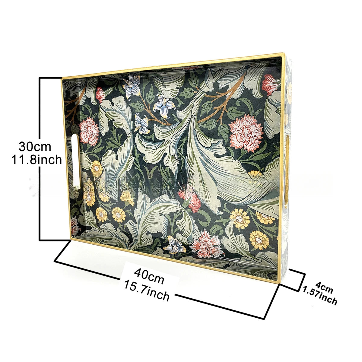 plateau rangement vintage plastique bleu marine motif floral poignées métalliques décoration intérieure classique