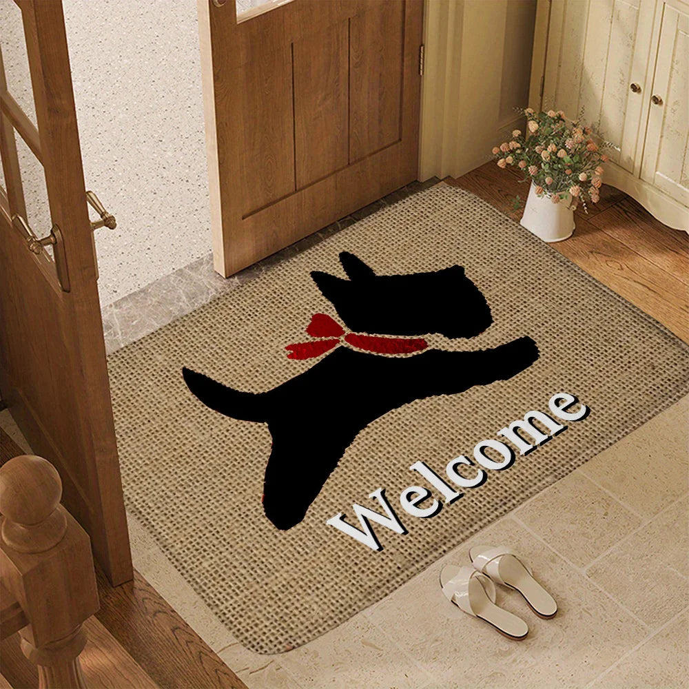 tapis d'entrée moderne motif chien noir écharpe rouge fond beige antidérapant polyester