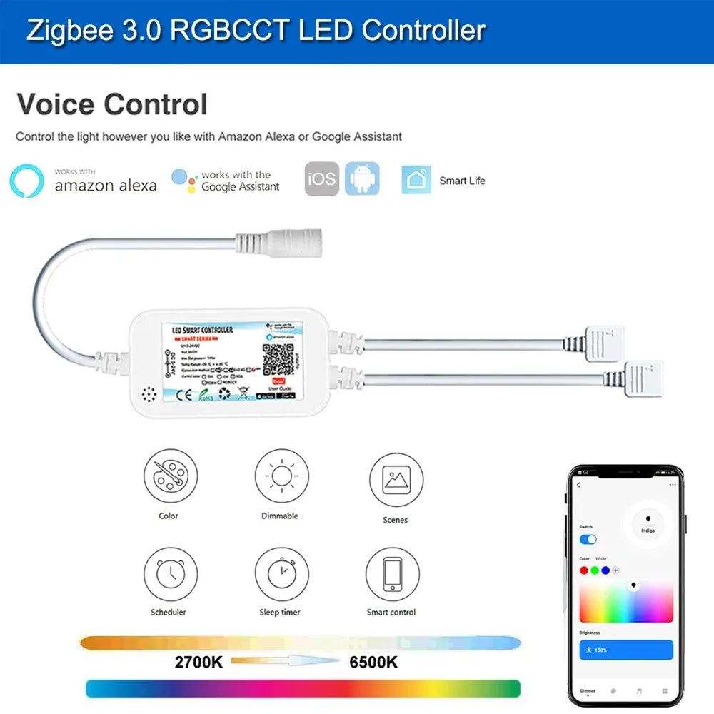 ruban led zigbee rgb 24v 840leds blanc bleu orange rouge moderne adhésif contrôleur