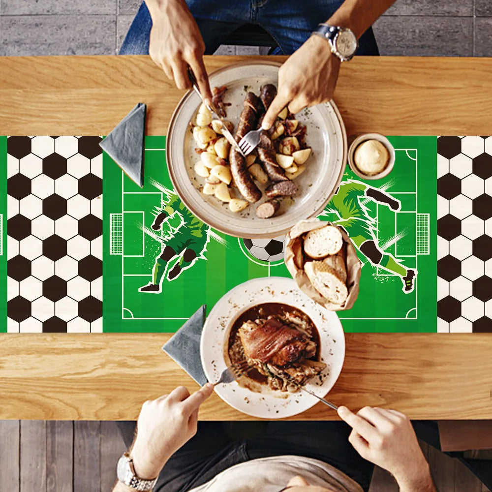 champ football table décor anniversaire enfant motif joueur ballon doré(hexagones) vert noir blanc