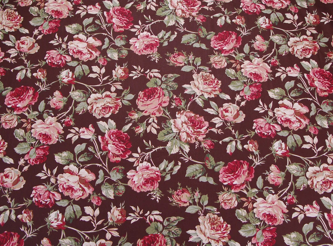 tissu coton biodegradable floral marron rose vert motifs roses champetre vintage romantique 160cm