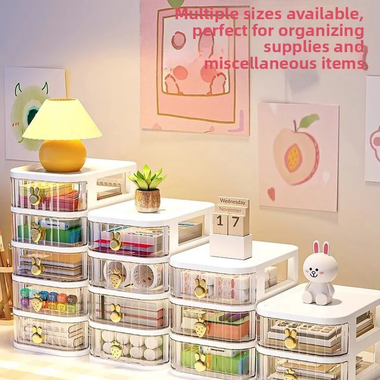 boîte rangement tiroirs transparentes poignées coeurs blanc rose beige