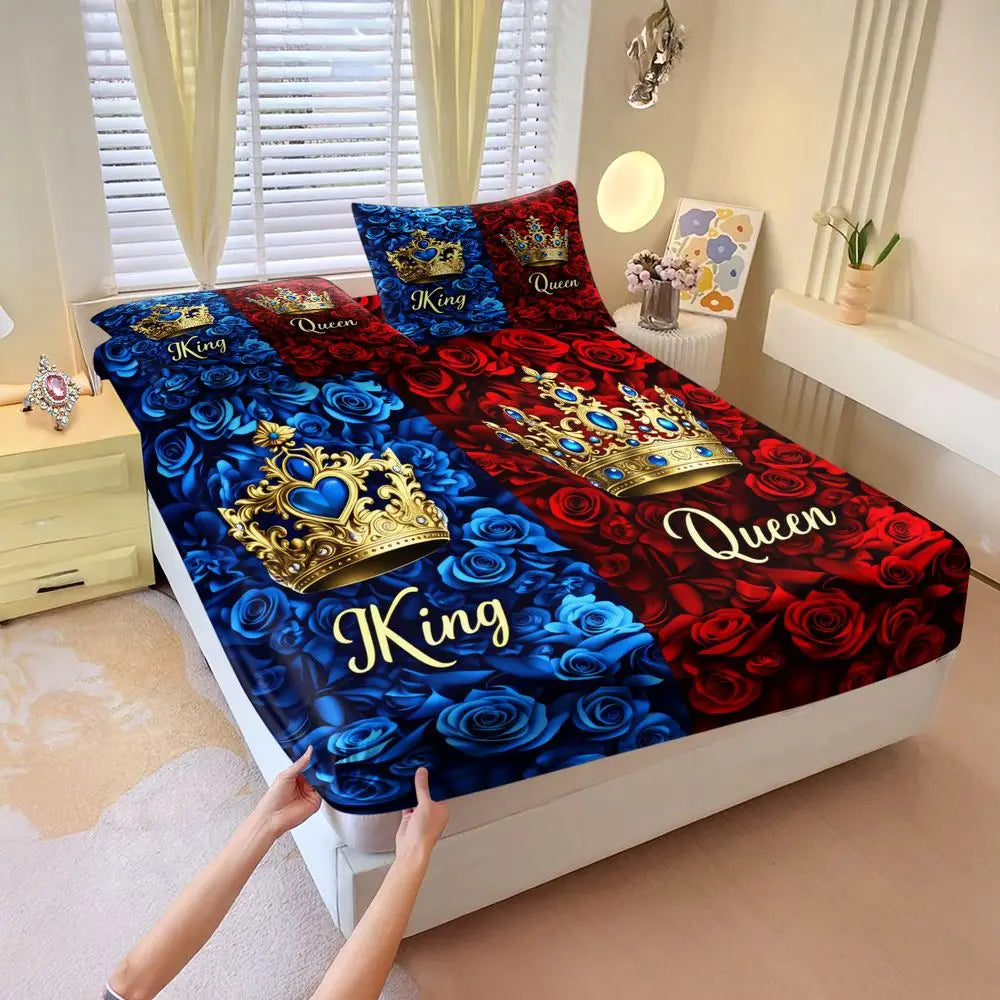 draps housses imprimés roses couronnes king queen adultes lit ensemble taies oreillers royal