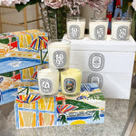 bougies parfumées cire gel aromathérapie forme coupe blanc logo diptyque verre transparent classique set