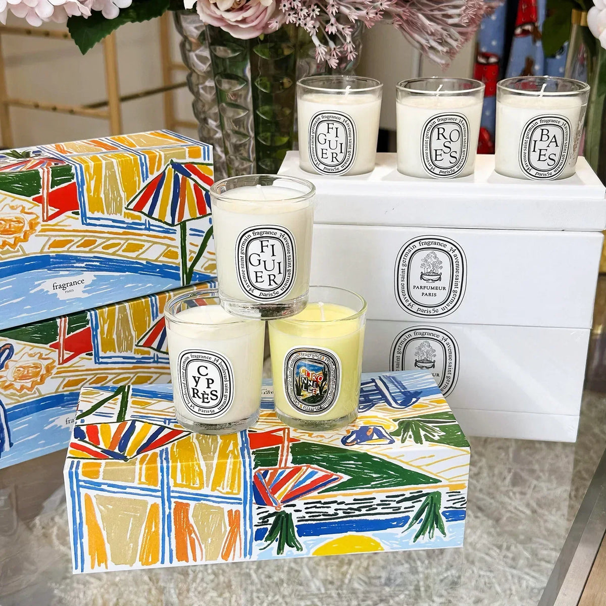 bougies parfumées cire gel aromathérapie forme coupe blanc logo diptyque verre transparent classique set