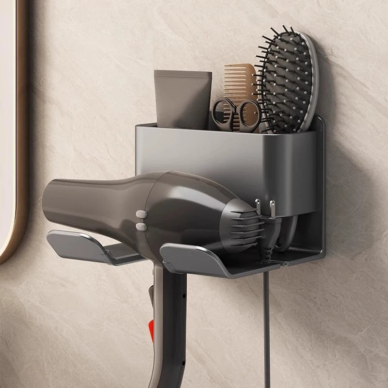 support mural moderne sèche cheveux brosse rasoir adhésif gris blanc rangement salle bain
