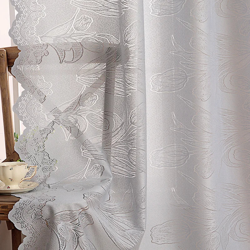 rideau gris clair fleurs blanches semi transparent classique romantique dentelé polyester chambre salon decoration